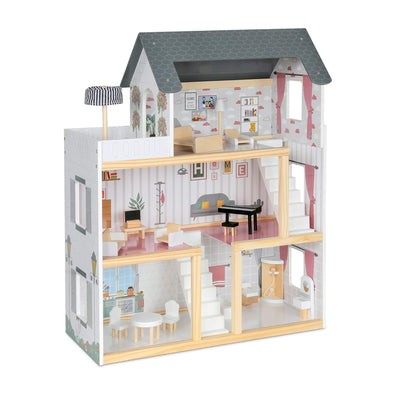 Casa de păpuși cu 3 etaje, mobilier complet, lumini LED și accesorii, 78 cm, lemn MDF gri