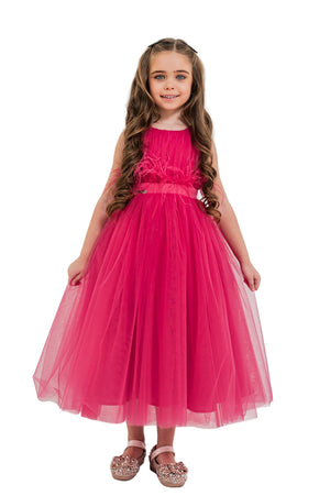 JASMINE – Rochita de ocazie din tulle fin cu saten si drapaje cu funda decorativa, fuchsia