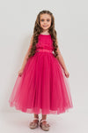 JASMINE – Rochita de ocazie din tulle fin cu saten si drapaje cu funda decorativa, fuchsia
