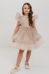 CELESTE - Rochita de ocazie din organza cu buline si tulle fin cu crinolina, bej