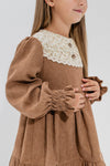 AYSEL – Rochie din catifea reiat cu model in clos, detalii florale si aplicatii din dantela vintage, beige