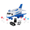 Avion transportor de poliție cu parcare, lumini și sunete pentru copii – set cu 3 mașinuțe și indicatoare rutiere