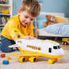 Avion transportor cu parcare, lumini și sunete pentru copii – set cu 3 utilaje de construcții și indicatoare rutiere