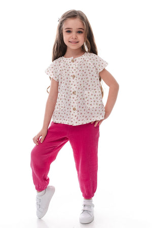 EVELYN - Compleu din muselina, set bluza si pantaloni lejeri, fuchsia