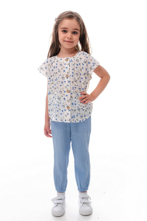 EVELYN - Compleu din muselina, set bluză și pantaloni lejeri, bleu