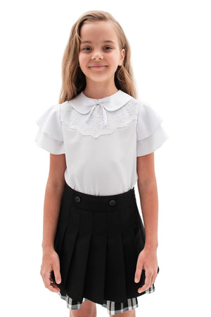MARCIA - Bluza eleganta din material fin cu dantela delicata, maneca scurta si volane, alb
