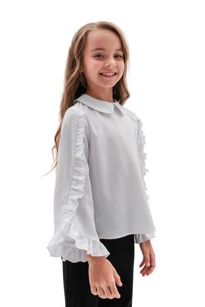 TRACY - Bluza eleganta cu maneci evazate si volane delicate, alb