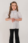 JULIA - Bluza eleganta din material fin cu maneca scurta, guler si funda chic, alb