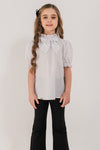 JULIA - Bluza eleganta din material fin cu maneca scurta, guler si funda chic, alb