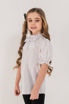JULIA - Bluza eleganta din material fin cu maneca scurta, guler si funda chic, alb
