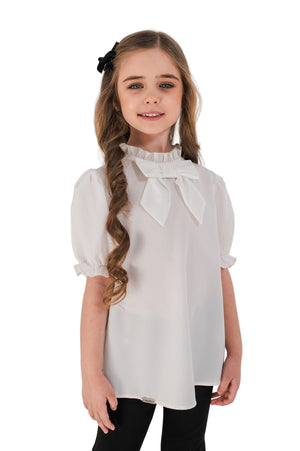 JULIA - Bluza eleganta din material fin cu maneca scurta, guler si funda chic, ivory
