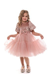 BLYTHE - Rochita de ocazie din catifea cu paiete, tulle fin si fundite decorative, roz