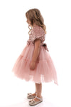 BLYTHE - Rochita de ocazie din catifea cu paiete, tulle fin si fundite decorative, roz