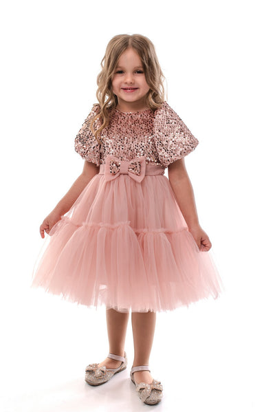 BLYTHE - Rochita de ocazie din catifea cu paiete, tulle fin si fundite decorative, roz