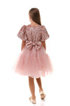 BLYTHE - Rochita de ocazie din catifea cu paiete, tulle fin si fundite decorative, roz