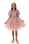 BLYTHE - Rochita de ocazie din catifea cu paiete, tulle fin si fundite decorative, roz