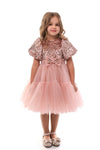 BLYTHE - Rochita de ocazie din catifea cu paiete, tulle fin si fundite decorative, roz