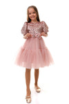 BLYTHE - Rochita de ocazie din catifea cu paiete, tulle fin si fundite decorative, roz
