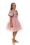 BLYTHE - Rochita de ocazie din catifea cu paiete, tulle fin si fundite decorative, roz