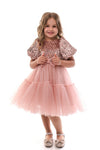 BLYTHE - Rochita de ocazie din catifea cu paiete, tulle fin si fundite decorative, roz