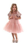 BLYTHE - Rochita de ocazie din catifea cu paiete, tulle fin si fundite decorative, roz