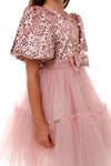BLYTHE - Rochita de ocazie din catifea cu paiete, tulle fin si fundite decorative, roz