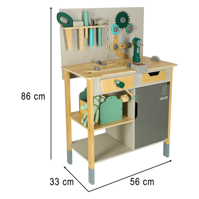 Banc de lucru cu unelte și bormașină de jucărie cu sunete - Atelier de bricolaj pentru copii, din lemn, 86 cm