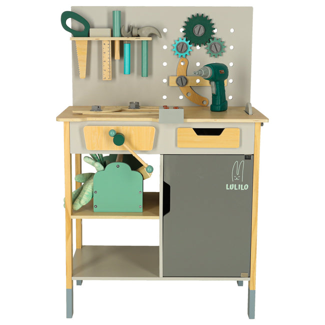 Banc de lucru cu unelte și bormașină de jucărie cu sunete - Atelier de bricolaj pentru copii, din lemn, 86 cm