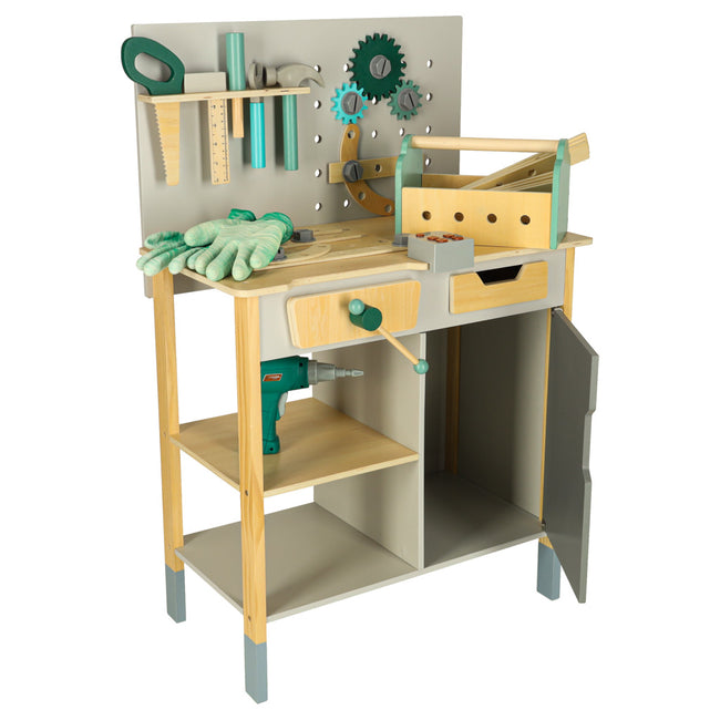Banc de lucru cu unelte și bormașină de jucărie cu sunete - Atelier de bricolaj pentru copii, din lemn, 86 cm