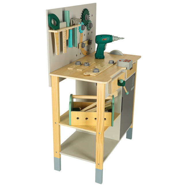 Banc de lucru cu unelte și bormașină de jucărie cu sunete - Atelier de bricolaj pentru copii, din lemn, 86 cm