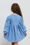 HELEN - Rochie din catifea reiat cu model in clos si maneca lunga, bleu