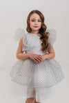 CELESTE - Rochita de ocazie din organza cu buline si tulle fin cu crinolina, alb