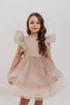 CELESTE - Rochita de ocazie din organza cu buline si tulle fin cu crinolina, bej