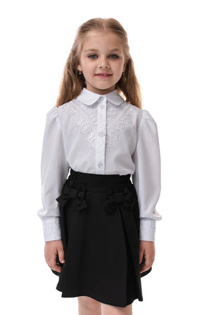 BERNICE - Cămașă albă elegantă pentru fete, cu dantelă fina și mânecă lungă
