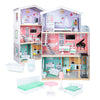 Casa de papusi cu 3 etaje, lift functional, 4 camere cu mobilier complet si accesorii, 117 cm, lemn MDF pastel