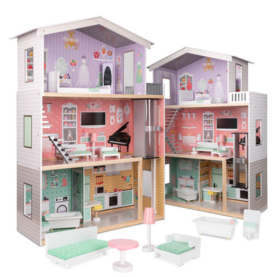 Casa de papusi cu 3 etaje, lift functional, 4 camere cu mobilier complet si accesorii, 117 cm, lemn MDF pastel