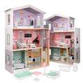 Casa de papusi cu 3 etaje, lift functional, 4 camere cu mobilier complet si accesorii, 117 cm, lemn MDF pastel