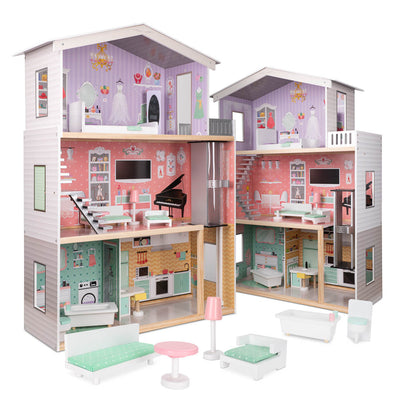Casa de păpuși cu 3 etaje, lift funcțional, 4 camere cu mobilier complet și accesorii, 117 cm, lemn MDF pastel