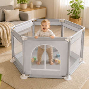 Tarc de joaca pentru copii, centru de activitati cu plasa de protectie si usa cu fermoar, 128x113x65cm, gri