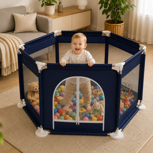 Tarc de joaca pentru copii, centru de activitati cu plasa de protectie si usa cu fermoar, 128x113x65cm, albastru