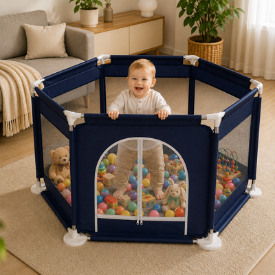 Tarc de joaca pentru copii, centru de activitati cu plasa de protectie si usa cu fermoar, 128x113x65cm, albastru