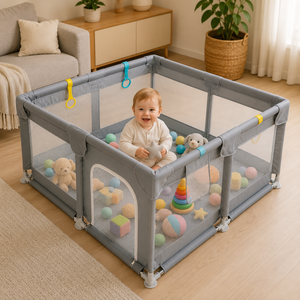 Tarc de joaca pentru copii, centru de activitati cu plasa de protectie si usa cu fermoar, 120x120cm, gri