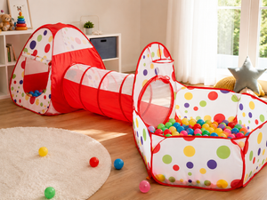 Loc de joaca 3in1 pentru copii, centru de activitati cu tarc, cort si tunel pentru interior/exterior, protectie UV, pliabil, rosu