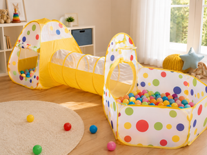 Loc de joaca 3in1 pentru copii, centru de activitati cu tarc, cort si tunel pentru interior/exterior, protectie UV, pliabil, galben