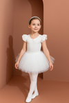 Costum de balet, gimnastica sau dans pentru fete: set body bumbac si fusta tutu alb cu aplicatii stralucitoare