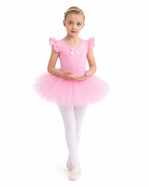 Costum de balet, gimnastica sau dans pentru fete: set body bumbac și fustă tutu roz cu aplicații stralucitoare