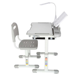 Birou școlar reglabil cu scaun ergonomic și lampă LED USB pentru copii, gri