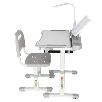 Birou școlar reglabil cu scaun ergonomic și lampă LED USB pentru copii, gri