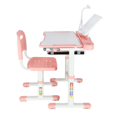 Birou școlar reglabil cu scaun ergonomic și lampă LED USB pentru copii, roz
