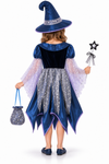 Rochie de vrăjitoare pentru fetițe, cu pălărie, baghetă și gentuță – costum cu steluțe pentru Halloween și petreceri tematice